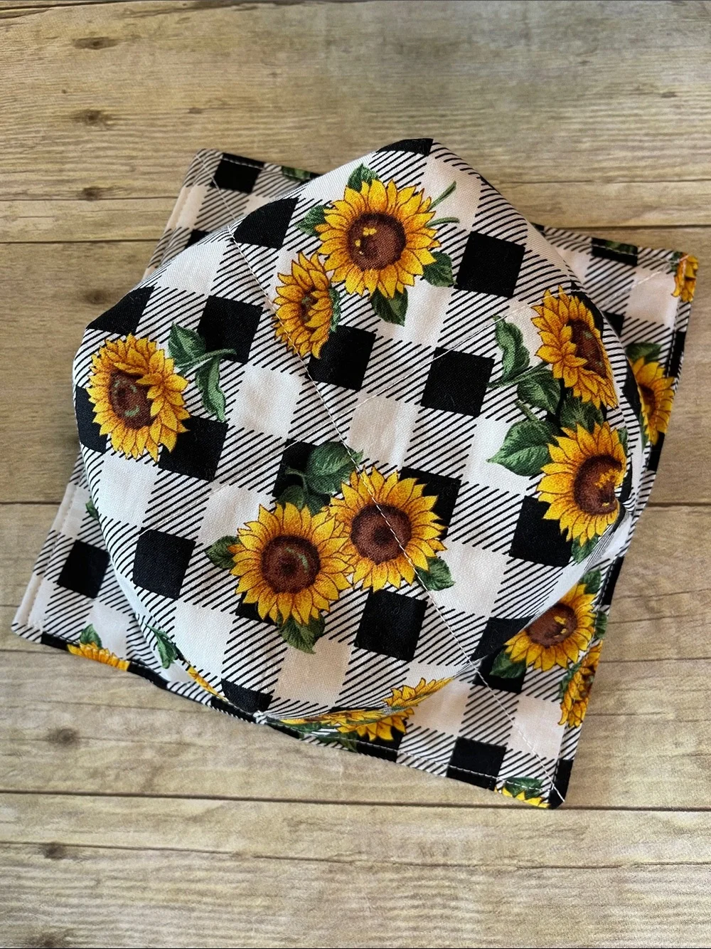 Microwave Bowl Cozy Reversible Sunflowers 100% Cotton Buffalo Check